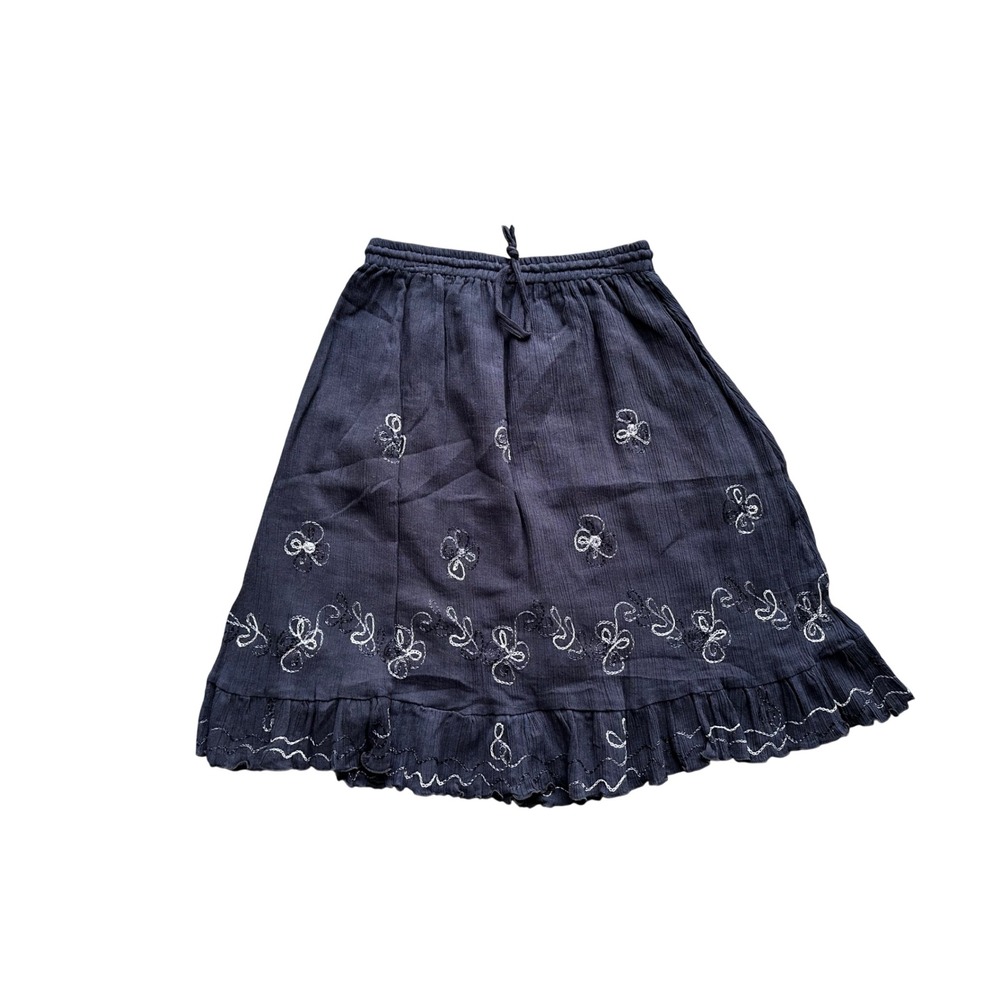 Sand N Sun Black Cotton Gauze Embroidered Ruffle Midi Skirt Small SS36C202